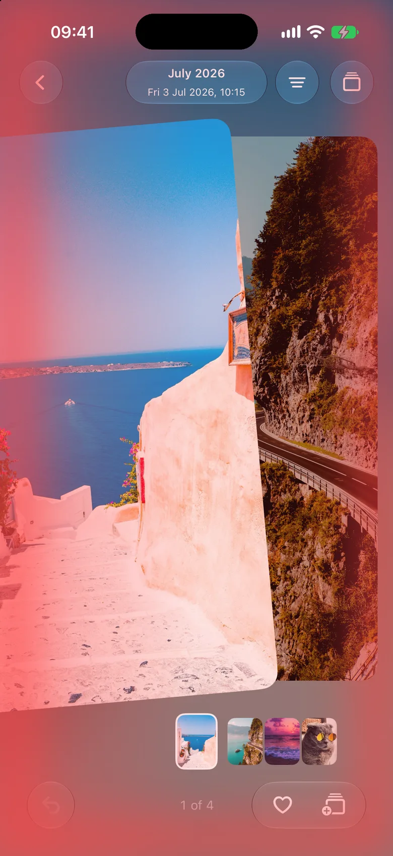 A photo of a white street by the sea being swiped left to delete it, with a red glow